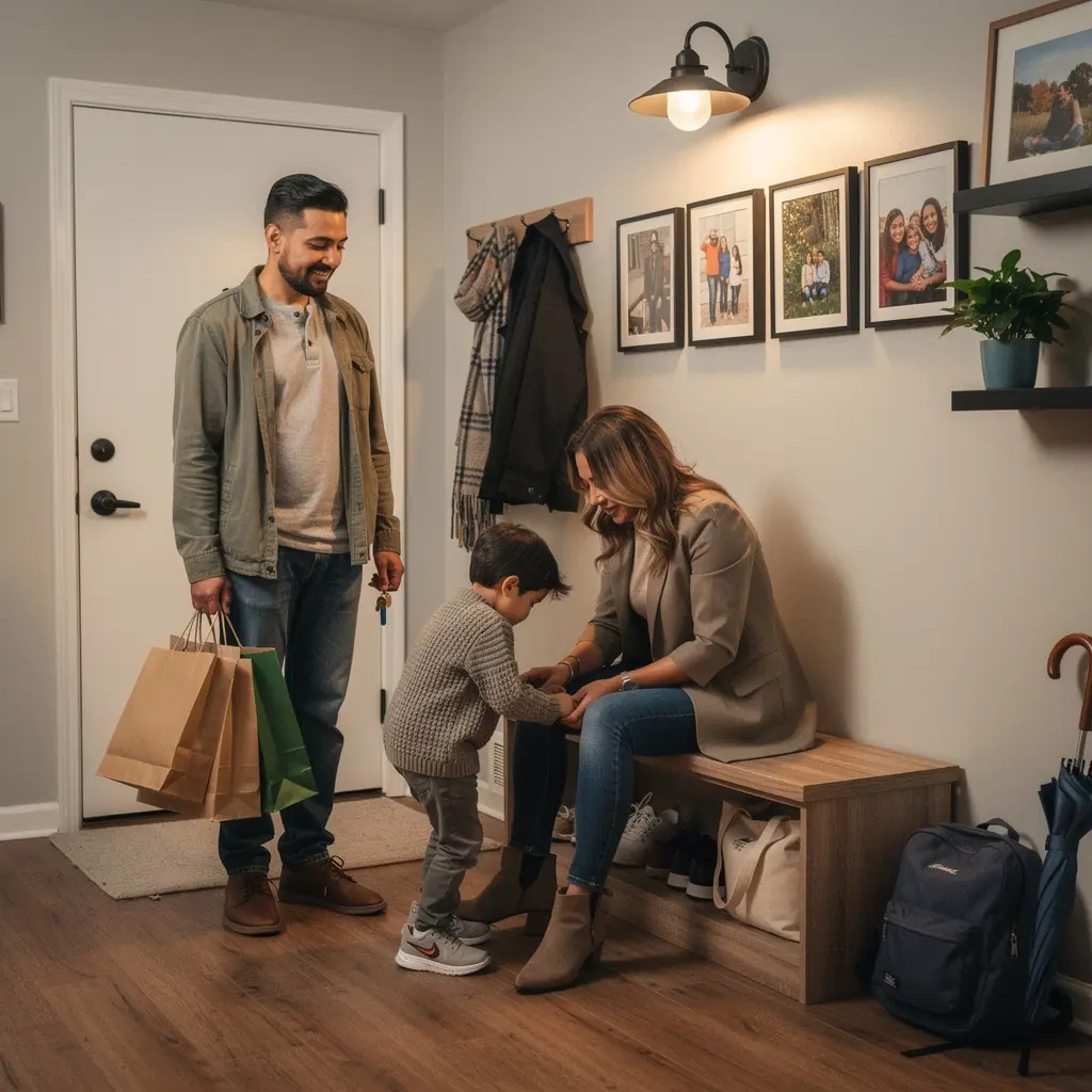 Przykład zaaranżowanej przestrzeni dziennej z podświetlanymi półkami i praktycznymi rozwiązaniami do przechowywania.